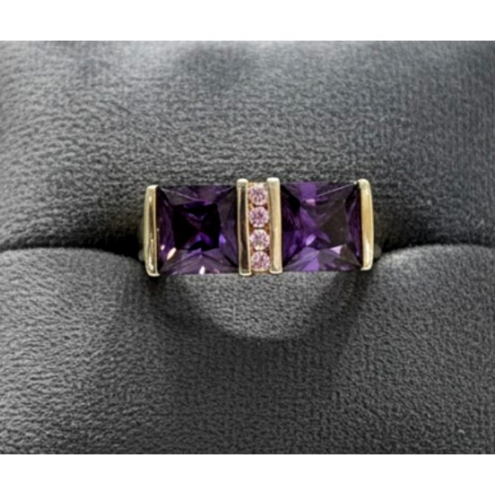 MEDA 14K GOLD PLATED Sterling Silver Bar Ring SQUARE LAB CREATED AMETHYST sz 8